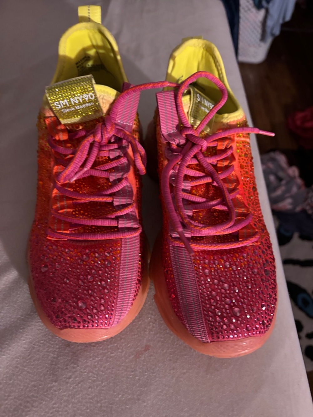 Liu Jo Pink & Orange Gradient Rhinestone Sneakers with Yellow Collar